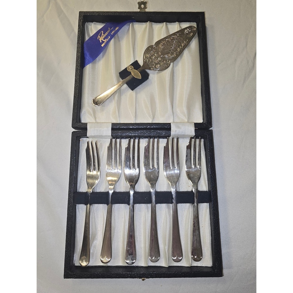 Vintage Raimond Sheffield England Silverplate Cake Server and 6 Pastry Fork Set